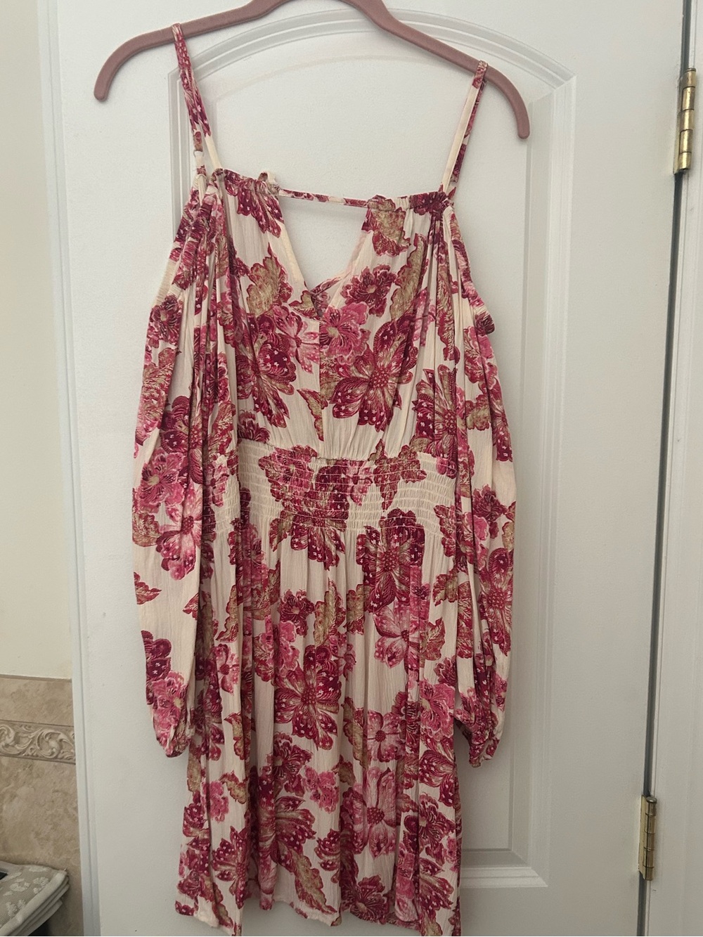 Old Navy Cream Dress with Pink Floral Print - Long Sleeve Cold-Shoulder